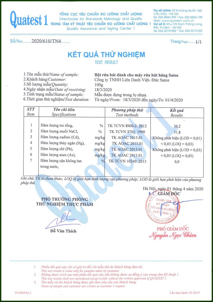 Chứng nhận thành phần bột rửa bát sinh học