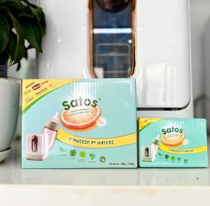 Bột rửa bình sữa sinh học Satos có 2 kích thước hộp phù hợp cho nhu cầu khác nhau